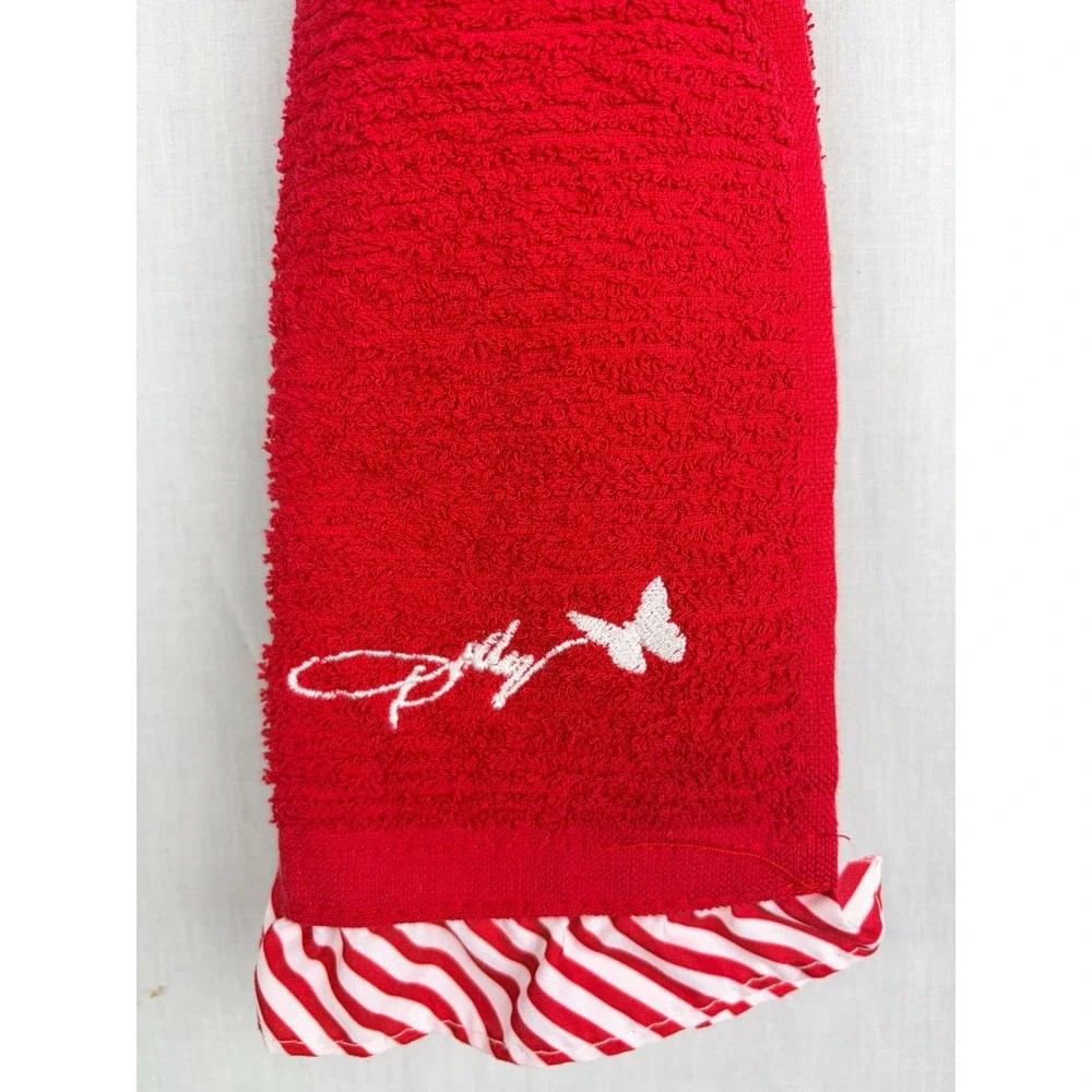 Dolly Parton Red Christmas Fridge Towel Snap Closure Striped Ruffle‎ 14x24 NEW